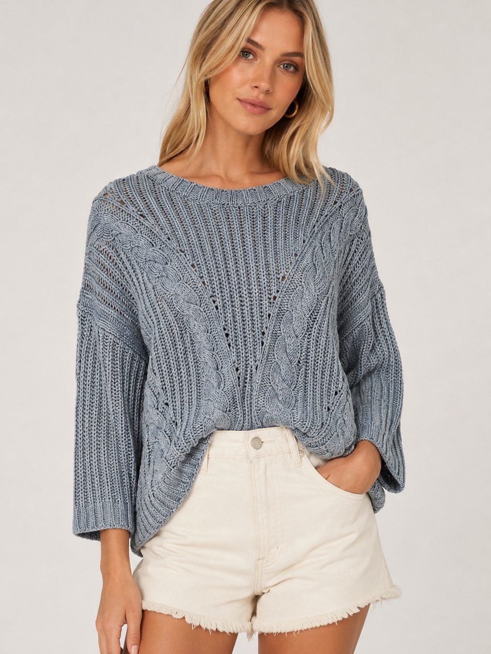 Massimo Dutti Cable-Knit Crewneck Sweater in Light Blue